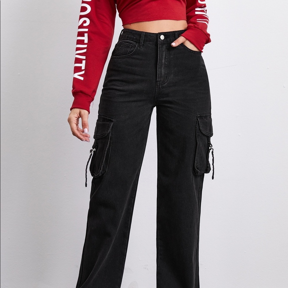 SMALL High-Rise Flap Pocket Patched Jeans -Shein